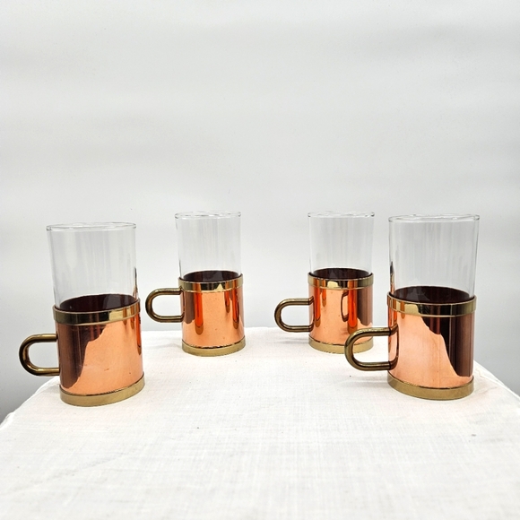 Vintage Beucle Copper and Brass Glass Irish Coffee Mugs‎ Set Of 4 - Picture 1 of 11